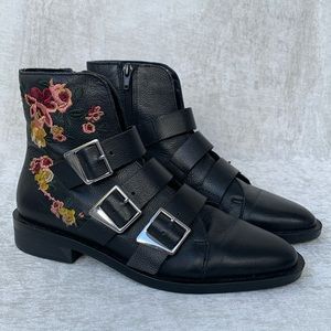 Zara Trafaluc Floral Embroidered Black Buckle Booties